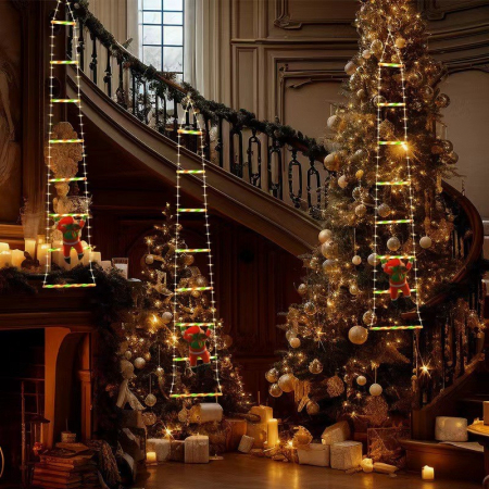 Instalatie LED de Craciun, Flippy, cu Accesorii, Lumina Calda, Lungime 1.5m, 8 Trepte, 120 de Luminite, 8 Moduri, Model Mos Craciun pe Scara, Multicolor [5]