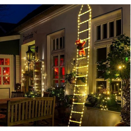Pentru Casa si Camping - Instalatie LED de Craciun, Flippy, cu Accesorii, Lumina Calda, Lungime 3 m, 16 Trepte, 288 de Luminite, 8 Moduri, Model Mos Craciun pe Scara, Alb cald
