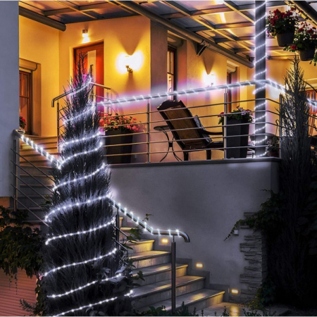 Casă și camping - * LICHIDARE STOC * Instalatie luminoasa de Craciun tip furtun luminos, 100 LED-uri, 12 metri lungime, 8 programe, 2 metri prelungitor, sarma din cupru, incarcare solara, alb rece, Flippy -