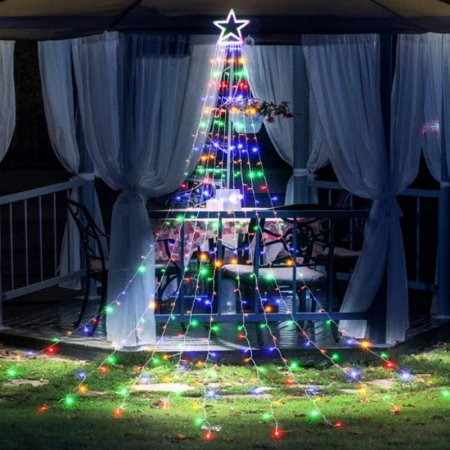 Decoratiuni, ornamente si articole Craciun - Instalatie luminoasa tip perdea pentru pomul de Craciun, cu stea luminoasa, 350 LED-uri, conectare retea, interior/exterior, lumina multicolora, Tree Dazzler