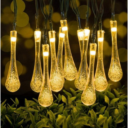 Instalatie Solara 6 m, 28 Led-uri cu Ornament tip picatura de apa, Liniara, Fir negru, Interior, Exterior, Alb Cald [2]
