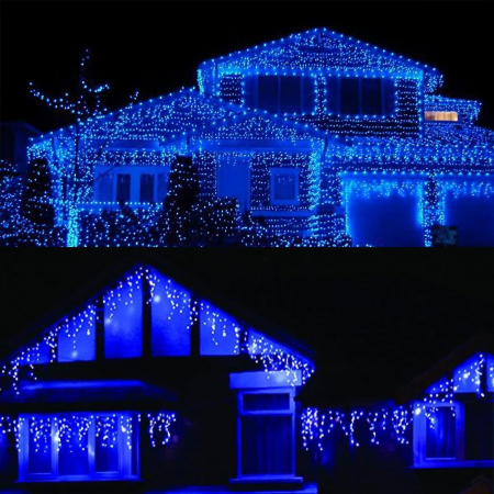 Pentru Casa si Camping - Instalatie Solara Craciun Turturi, IP44, 5 m, 143 Led-uri, Perdea Franjurata, Albastru, 8 jocuri de lumini, cu Telecomanda, 31V, 250 mAh, Acumulator de 1200 mAh, Exterior, Prelungitor 3 m inclus, Fir 