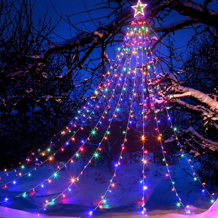 Decoratiuni, ornamente si articole Craciun - Instalatie solara perdea cu varf stea, 350 led, 9 franjuri, telecomanda, multicolor