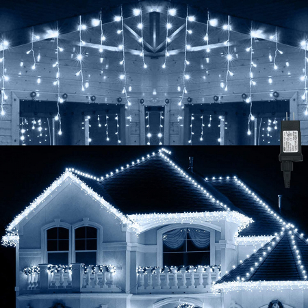 Instalatii de Craciun - Instalatie tip franjuri cu 8 jocuri de lumini - alb rece, interconectabila, 300 led 12 m x 0.6 m