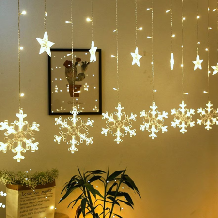 Instalatii liniare si role de furtun luminos - Instalatie tip ghirlanda fulgi cu stele luminoase  3 x 1 m, interconectabila, alb cald