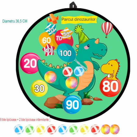 Joc Darts Flippy pentru Copii, Placa Pliabila 36.5 cm, 8 Mingii Velcro/Scai Simple, 2 Mingii Luminoase, Model Dinozaur Park, Verde [1]