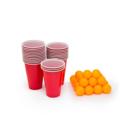 Jucarii, Copii & Bebe - Joc de Baut BEER PONG, Flippy, Set din 12 Mingi de Tenis si 12 Pahare Reutilizabile, Joc Interactiv pentu Adulti, Albastru Rosu
