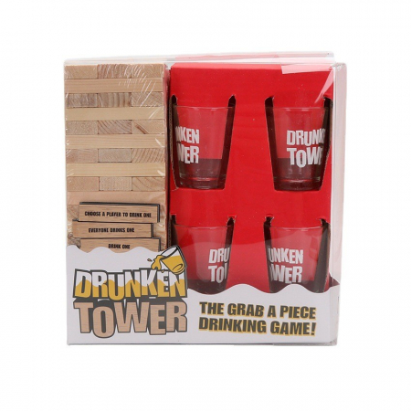 Jucarii, Copii & Bebe - Joc de Baut Jenga Flippy, Turnul Betivului din Lemn, Piese cu Provocari, Pahare de Shot din Sticla Incluse, 19 x 7 x 20 cm