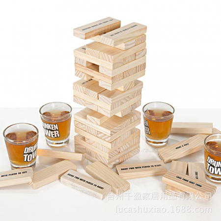 Joc de Baut Jenga Flippy, Turnul Betivului din Lemn, Piese cu Provocari, Pahare de Shot din Sticla Incluse, 19 x 7 x 20 cm [5]