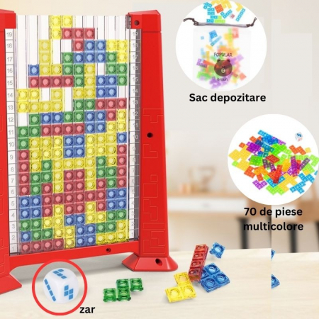 Joc de inteligenta Tetris puzzle tangram Flippy, 70 de piese multicolore, 3D, montessori, interactiv, din plastic, zar inclus, sac depozitare piese, varsta peste 6 ani, 23 x 19.8 x 5 cm, cadru rosu [1]