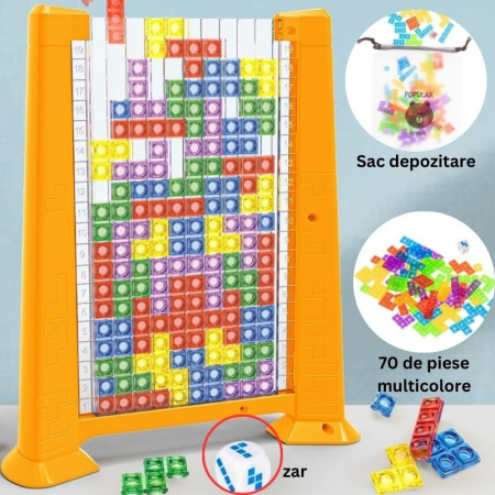 Joc de inteligenta Tetris puzzle tangram Flippy, 70 de piese multicolore, 3D, montessori, interactiv, din plastic, zar inclus, sac depozitare piese, varsta peste 6 ani, 23 x 19.8 x 5 cm, cadru galben [2]