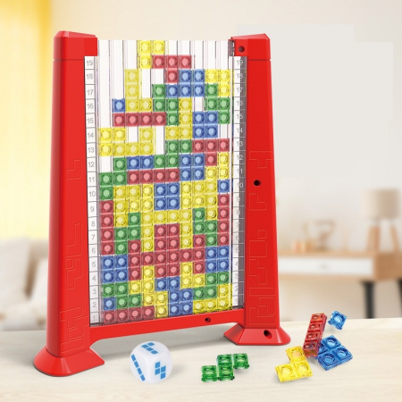 Joc de inteligenta Tetris puzzle tangram Flippy, 70 de piese multicolore, 3D, montessori, interactiv, din plastic, zar inclus, sac depozitare piese, varsta peste 6 ani, 23 x 19.8 x 5 cm, cadru rosu [4]