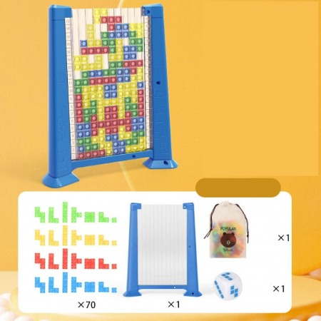 Joc de inteligenta Tetris puzzle tangram Flippy, 70 de piese multicolore, 3D, montessori, interactiv, din plastic, zar inclus, sac depozitare piese, varsta peste 6 ani, 23 x 19.8 x 5 cm, cadru albastr [3]