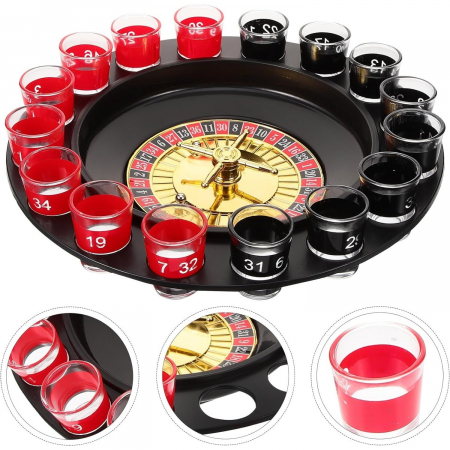 Jocuri de societate - Lichidare Joc de Ruleta Flippy, cu Pahare de Shot si Plansa de Joc Blackjack, 31 cm, Rosu-Negru