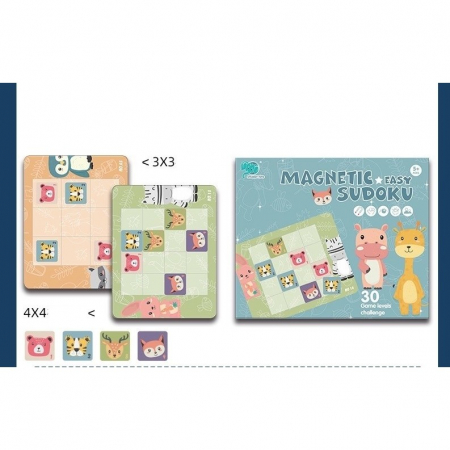 Joc educativ Sudoku cu tablita magnetica, 32 de piese, cartonase cu animale, Verde [13]