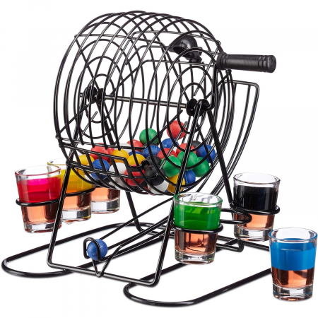 Jucarii, Copii & Bebe - Joc Mini Loterie Flippy, Bingo, cu Pahare de Shot din Sticla, 20 x 20 x 19 cm, 48 Bile, Negru