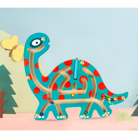 Joc Montessori cu Bile, Flippy, Creion Magnetic, Tip Labirint, din Lemn, Model Brontozaur, 18x21 cm, Verde [3]