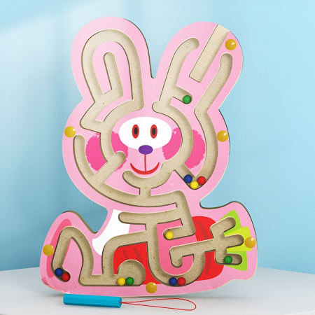 Joc Montessori cu Bile, Flippy, Creion Magnetic, Tip Labirint, din Lemn, Model Iepuras, 19.5x15.5 cm, Roz [1]