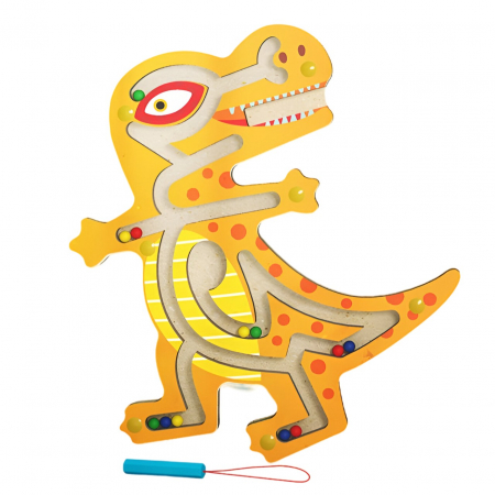 Jucarii, Copii & Bebe - Joc Montessori cu Bile, Flippy, Creion Magnetic, Tip Labirint, din Lemn, Model Tiranozaur, 21x18 cm, Portocaliu