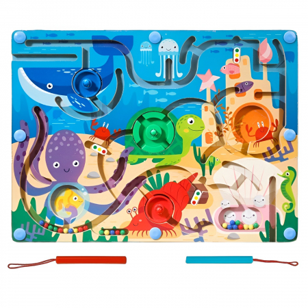 Jucarii, Copii & Bebe - Joc Montessori de Sortare Culori, Flippy, Creion Magnetic, Tip Labirint Ilustrat, din Lemn, Model Animale Marine, 39x29x1.5 cm