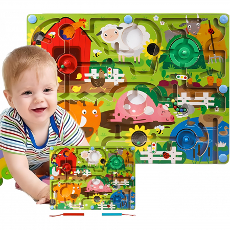 Joc Montessori de Sortare Culori, Flippy, Creion Magnetic, Tip Labirint Ilustrat, din Lemn, Model Ferma, 39x29x1.5 cm [8]
