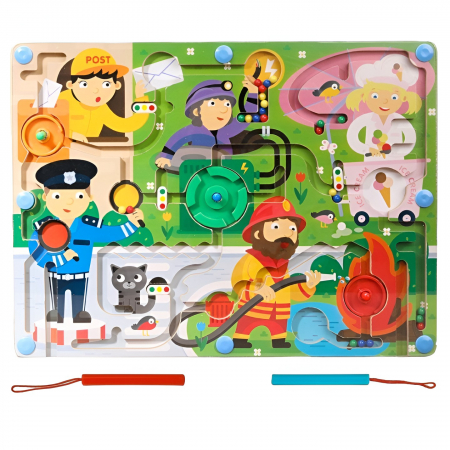 Jucarii, Copii & Bebe - Joc Montessori de Sortare Culori, Flippy, Creion Magnetic, Tip Labirint Ilustrat, din Lemn, Model Meserii, 39x29x1.5 cm