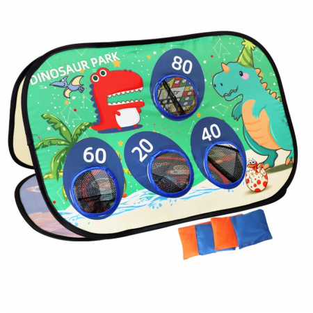 Sub 99 Lei - Joc pentru Copii, Flippy, Aruncarea Sacilor cu Nisip, Sageti, 8 Mingi, 4 Saci, Geanta Portabila, Interactiv, Model Dinozauri, 77.5x44.5x42 cm, Multicolor