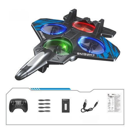 Jocuri si jucarii interactive - *LICHIDARE STOC* Jucarie Aeronava de Lupta, Flippy, Rezistent, Incarcare USB, cu Telecomanda, Lumini, Negru-Albastru