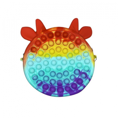 Jucarii, Copii & Bebe - Jucarie antistres din silicon Flippy, Geanta Pop It, Vacuta, 16 cm, Curcubeu