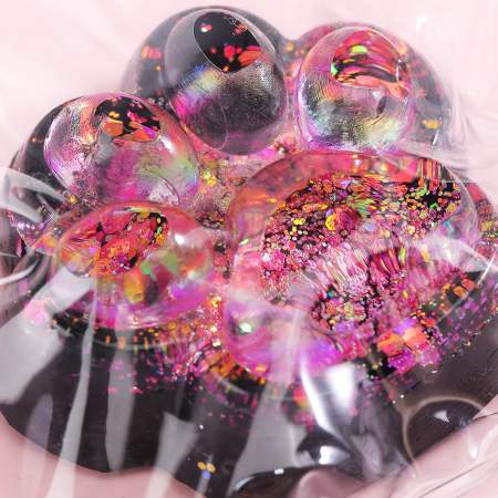 Jucarie Antistres Squishy, Flippy, cu Revenire Lenta, Squeeze Pinch Family, Model Labuta de Pisica cu Sclipici, 6.5x6 cm, 60g, Ambalaj Transparent, Roz-Negru [2]