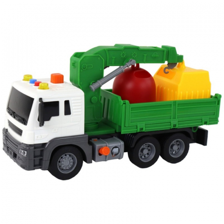 Jucarie camion de gunoi cu 2 containere si macara, 26 cm, Verde/Alb [0]