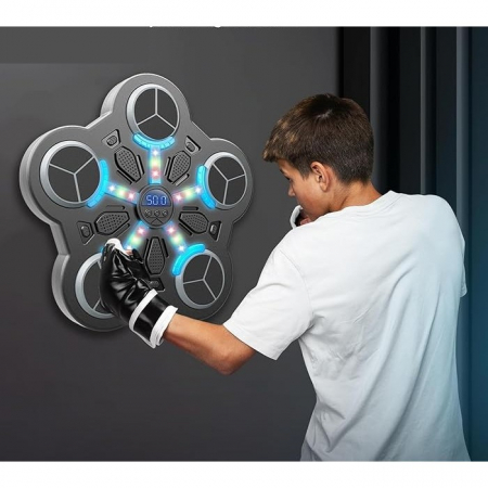 Jucarie de Boxat cu Muzica si Lumini, Flippy, Manusi Incluse, Bluetooth, Incarcare USB, Aplicare cu Ventuze, 5 Tinte, 33x33x4.5 cm, 930 g, Negru [1]