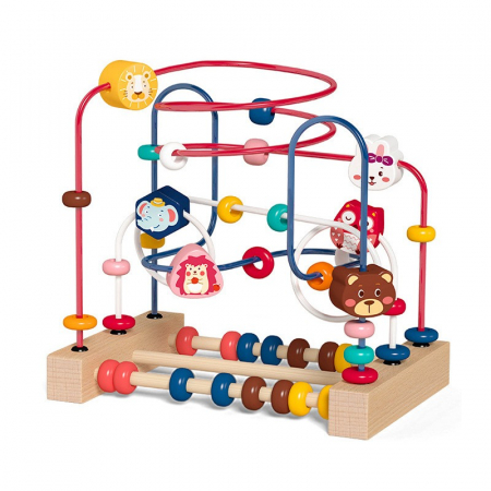 Jucarii, Copii & Bebe - Jucarie din Lemn Montessori, Flippy, Labirint Motricitate cu Abac si Animalute, Rollercoaster pentru Copii, Educativ, Dezvoltarea Abilitatilor Motorii, Numaratoare, 22.5x22.5x15 cm, Multicolor