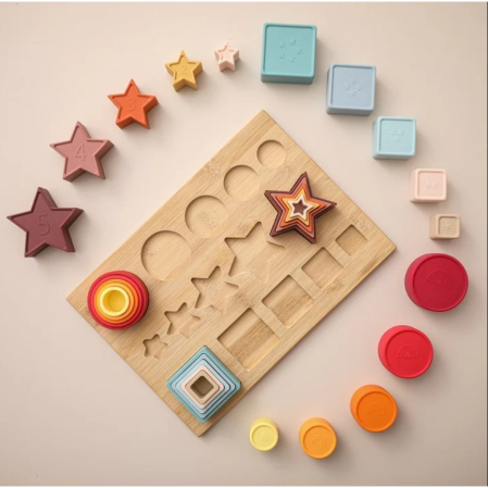 Jucarie Educativa, Flippy, +12 Luni, Tip Montessori, din Lemn si Silicon, Forme Geometrice Stivuibile, 15 Piese, 27 x 19 cm, Multicolor [3]