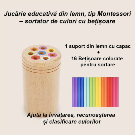Jucarie Educativa Montessori din Lemn, 19 Piese, Flippy, Sortator cu Betisoare, Joc de Motricitate Fina pentru Copii, Varsta 2+ ani, Saculet Depozitare, 11.3 x 7 cm, Multicolor [3]