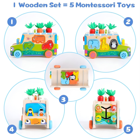 Jucarie Educativa Montessori, Flippy, Model Masinuta Educativa din Lemn 6 in 1, Sortator Forme, 1-3 ani, 23.7 x 17.5 x 12 cm, Multicolor [3]