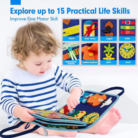 Jucarie educativa Montessori, mapa senzoriala textila cu elemente interactive, 5 pagini,1-4 ani, 14 piese, Model dinozauri [4]