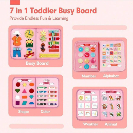 Jucarie educativa Montessori, mapa senzoriala textila cu elemente interactive, 5 pagini,1-4 ani, 14 piese, Model unicorni [3]