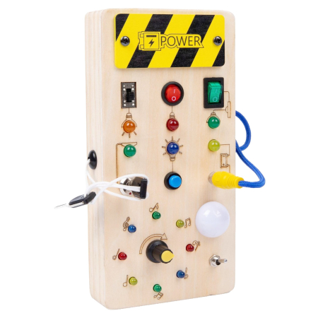 Sub 99 Lei - Jucarie Educativa Montessori pentru Copii, Flippy, Model Busy Board, Tableta din Lemn cu Circuit Luminos, 36 Comutatoare, Lumini LED, 19,5 x 9,7 x 3