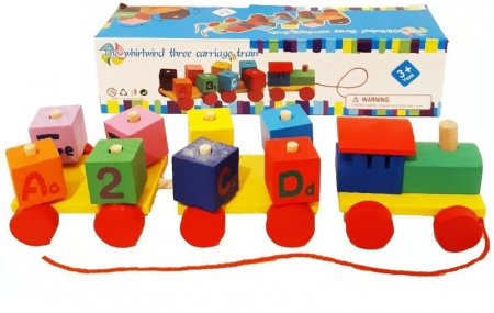 Jucarie educativa pentru copii, trenulet din lemn cu snur + 8 cuburi alfabet si numere, 3+ ani, Multicolor [0]
