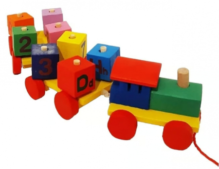 Jucarie educativa pentru copii, trenulet din lemn cu snur + 8 cuburi alfabet si numere, 3+ ani, Multicolor [1]