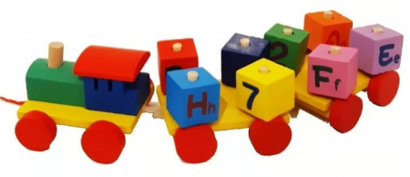 Jucarie educativa pentru copii, trenulet din lemn cu snur + 8 cuburi alfabet si numere, 3+ ani, Multicolor [2]
