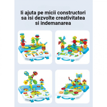 Jucarie Educativa Si Interactiva, Flippy, Set De Constructie Puzzle Din ABS Cu Bormasina Pentru Dezvoltatea Creativitatii Si A Indemanarii 2D si 3D, Valiza, +3, 31x7x25 cm, 336 Piese [6]