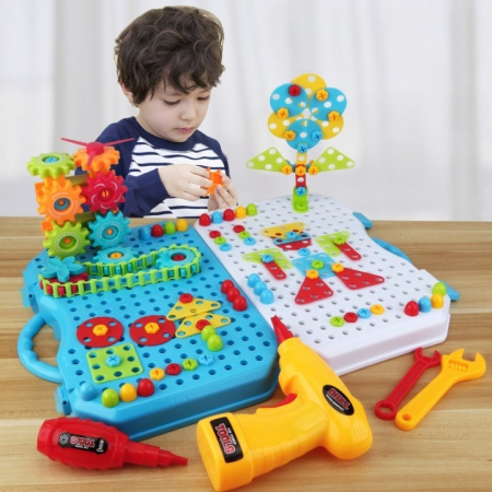 Jucarie educativa si interactiva, set de constructie puzzle din abs cu bormasina, valiza, +3 ani, 31x25 cm, 336 piese [3]