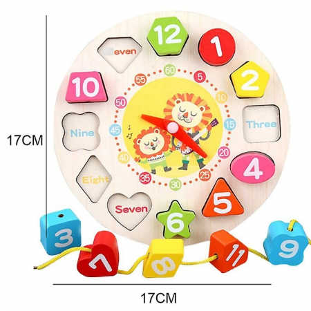Jucarie Educativa , Tip Montessori, Model Ceas Leu, din Lemn, + 36 Luni, 12 Piese, 17 cm, Multicolor [3]