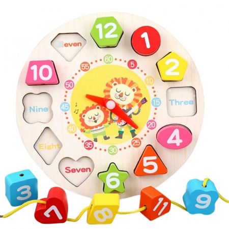 Jucarii din lemn - Jucarie Educativa , Tip Montessori, Model Ceas Leu, din Lemn, + 36 Luni, 12 Piese, 17 cm, Multicolor