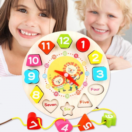 Jucarie Educativa , Tip Montessori, Model Ceas Leu, din Lemn, + 36 Luni, 12 Piese, 17 cm, Multicolor [1]