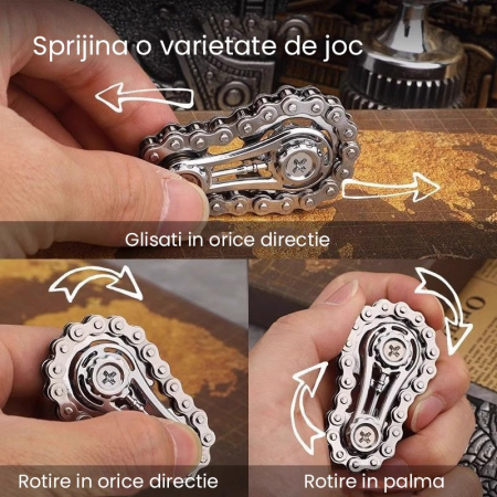 Jucarie Fidget Spinner Premium Anti Stres, Flippy, Giroscop din Aliaj, Jucarie din Metal de decompresie, forma Lant de Angrenaj de Bicicleta, 6 x 3.5 cm, Argintiu [2]