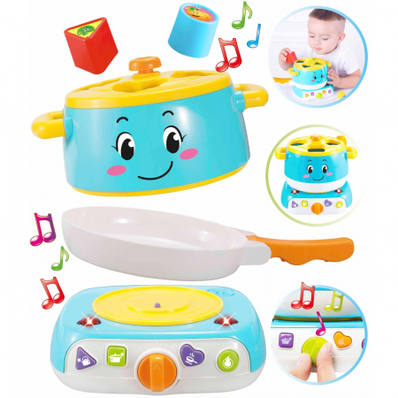 Jucarii, Copii & Bebe - Jucarie interactiva bebe, Oala magica de gatit cu forme, sunete si lumini, Albastra