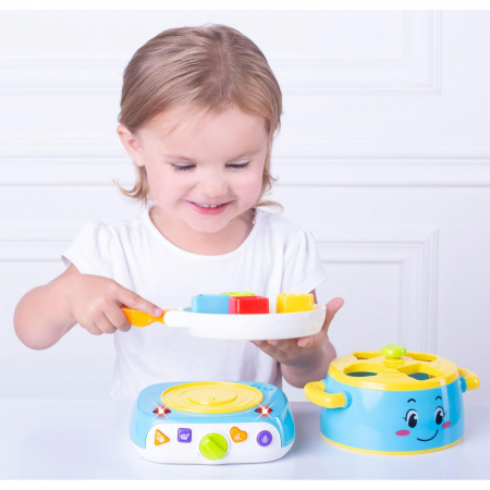 Jucarie interactiva bebe, Oala magica de gatit cu forme, sunete si lumini, Albastra [7]